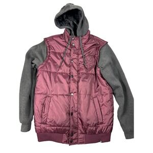 Zoo York Men's Jacket Large‎ Mixed Material Full Zip Snap Hooded Burgundy Logo